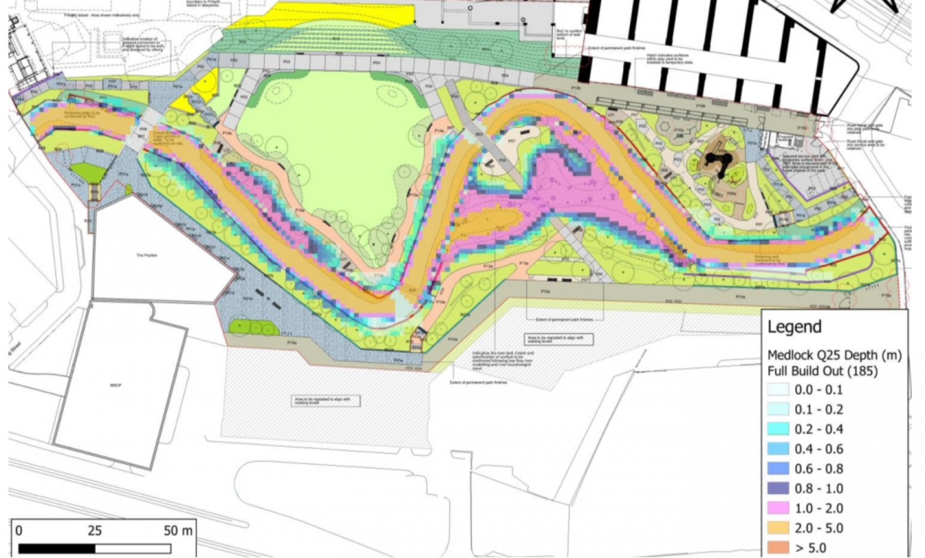 Mayfield Park Flood Map for 1 in 25 flood event source Buro Happold