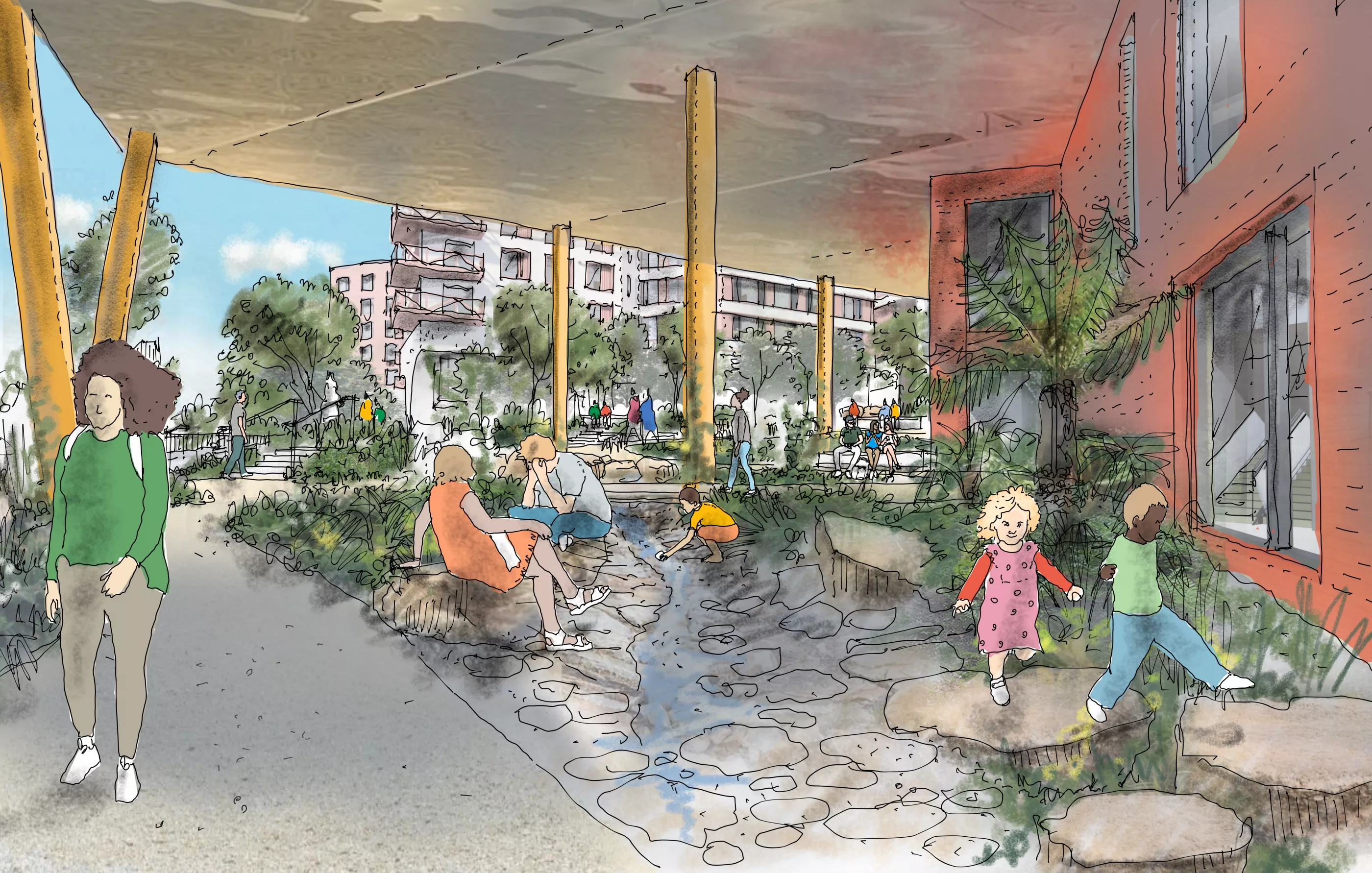 Mayfield Residential Phase Illustration showing the extended park with naturalised and playable rocky drainage channel source SEW