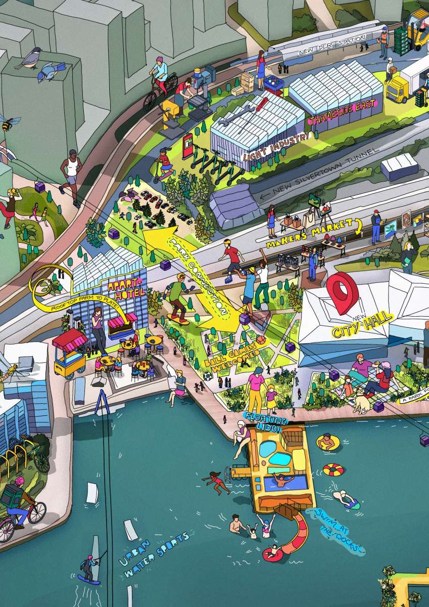 260224 Royal Festival Docks Aerial Illustration City Hall Quarter The Neighbour Crop 2